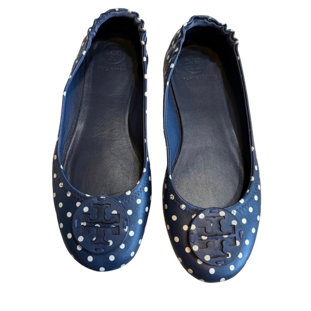 Tory Burch Minnie Travel Ballet Flats Navy Blue Polka Dot Leather Logo 7M 6098 - Picture 2 of 10